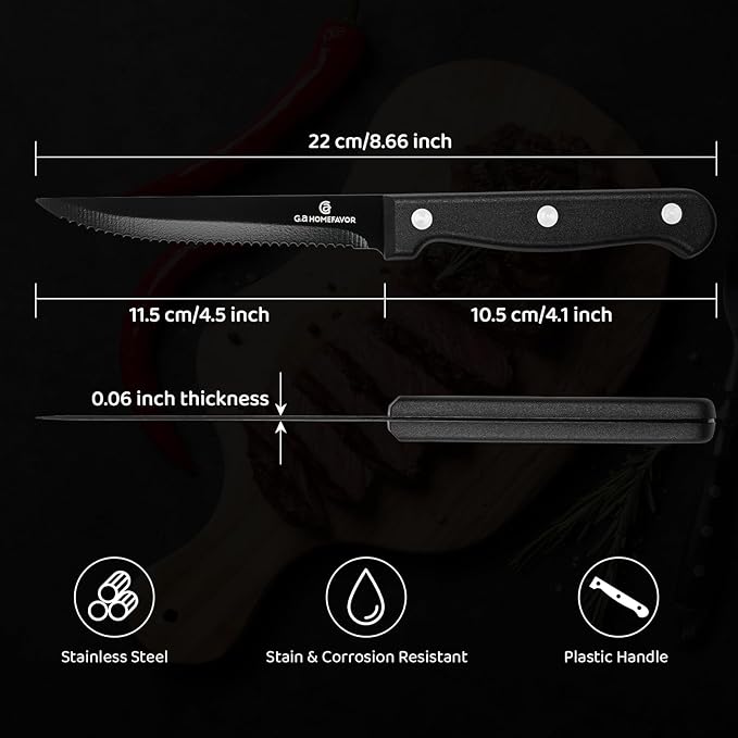 G.a HOMEFAVOR Steak Knife Set: 8-Piece Stainless Steel Sharp Serrated Knives Set with PP Handle for Kitchen, Full Black