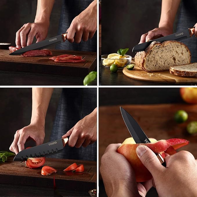 Kitchen Knife Sets with Block and Sharpener, 17Pcs Stainless Steel Knife Set includes Serrated Steak Knives Set, Chef Santoku Knives, Scissor, Knife Holder (Black Knife Set with Block)