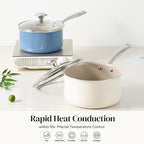 Redchef Nonstick Ceramic Sauce Pan With Lid, 3.5QT Small Cooking Pot with Stay-Cool Handle, Kitchen Non Toxic Soup Pot, PTFE & PFOA Free, Oven & Dishwasher Safe, Compatible with All Stovetops-Beige