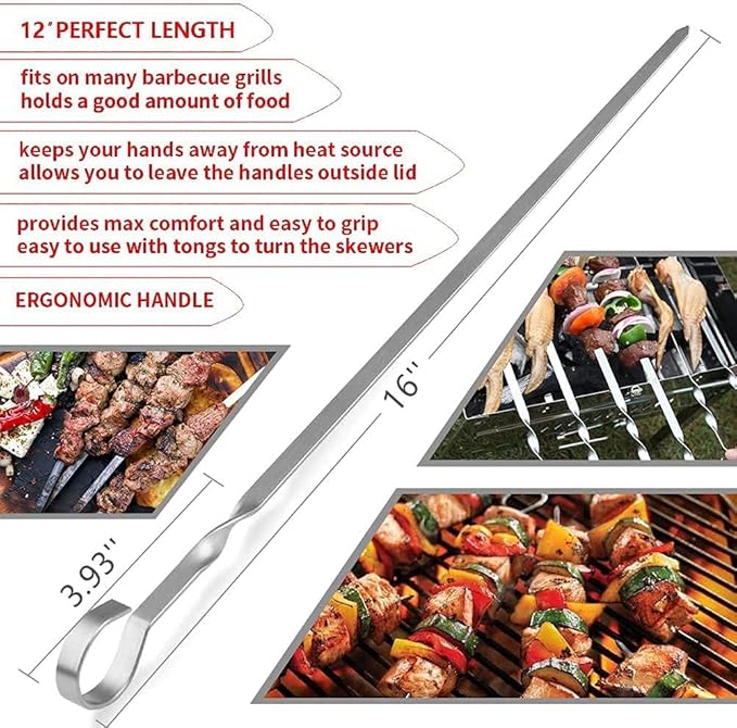 18PCS Kabob Skewers Flat Metal BBQ Barbecue Skewer 16" Long Stainless Steel Shish Kebob Sticks Wide Reusable Grilling Skewers Set for Meat Shrimp Chicken Vegetable, 18 Pack