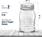 Bormioli Rocco Officina 1825 Salt And Pepper Shaker, Set Of 2, Clear, 8 Oz. Stain Resistant, Durable Glass Jars, Dishwasher Safe.