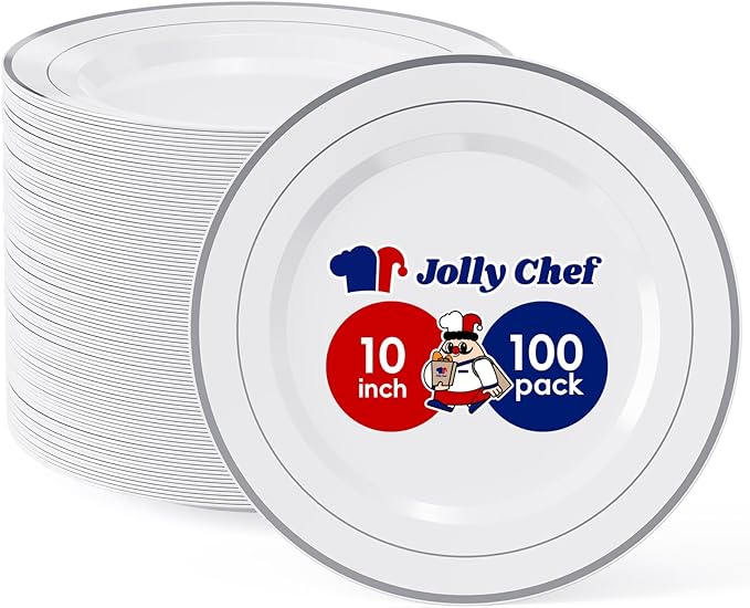JOLLY CHEF 100 Pieces Silver Plastic Plates, 10 Inch Elegant Disposable White with Silver Rim, Plastic Plates for Thanksgiving, Birthdays and Weddings
