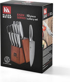 Klaus Meyer 13-Piece Kitchen Knife Set With Block, High Carbon Stainless Steel and Non-Slip Handles. Rust Proof And Dishwasher Safe Cutlery
