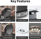6-Quart Electric Skillet with Grill | Non-Stick PFOA-Free Ceramic-Coated Pot, 1600W, Timer & 3 Power Settings for Steak, Egg, Ramen (Includes Grill Tongs) Pot & Grill
