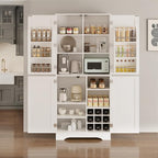 71" Tall Kitchen Pantry, Farmhouse Storage Cabinet with Doors, Shelves, Rustic Wood Cupboard, Built-in Wine Storage Grid & 6 Door Shelves for Kitchen, Dining Room, White