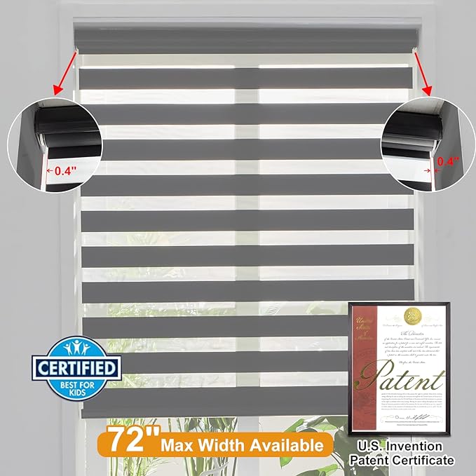 Persilux Cordless Zebra Blinds for Windows Roller Windows Shades (72" W X 72" H,Black) Dual Layer Light Control Light Filtering Sheer Shades for Home