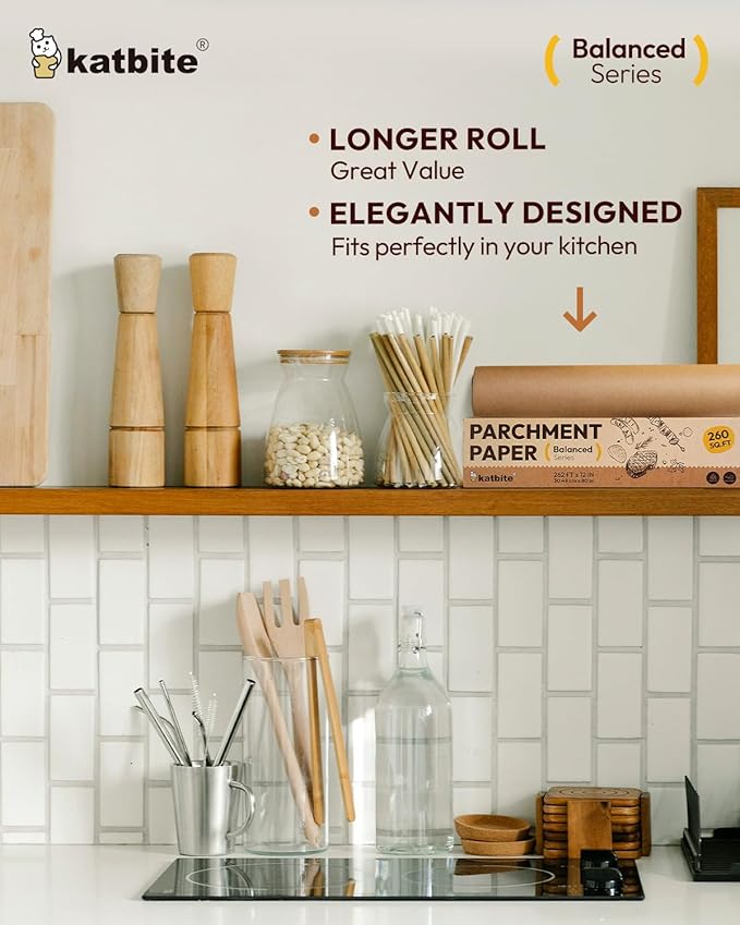 Katbite 12in x 262ft Unbleached Parchment Paper Roll, 260 Sq.Ft, Balanced Series, Non-Stick, Extra Long Parchment Baking Paper with Portable Serrated Cutter for Baking, Cooking [Balanced Series]