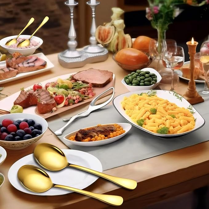 Stainless Steel Serving Spoons Set, 8pc, 10-Inch, Includes 8 Large Spoons, for Parties/Kitchen/Buffet/Catering, Dishwasher Safe, Gold