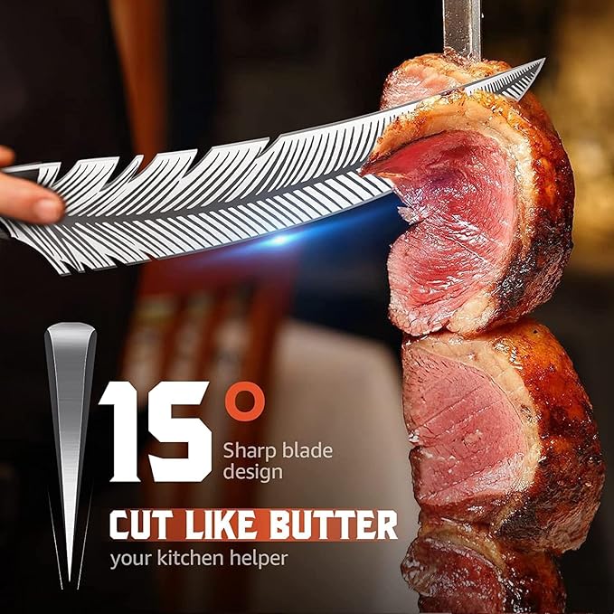 Huusk Japan Knife Feather Knife Hand Forged Viking Knife High Carbon Steel Butcher Knife Boning knife for Meat Cutting Japanese Chef Knives Cooking Knife with Sheath for Kitchen Camping Gift for Dad