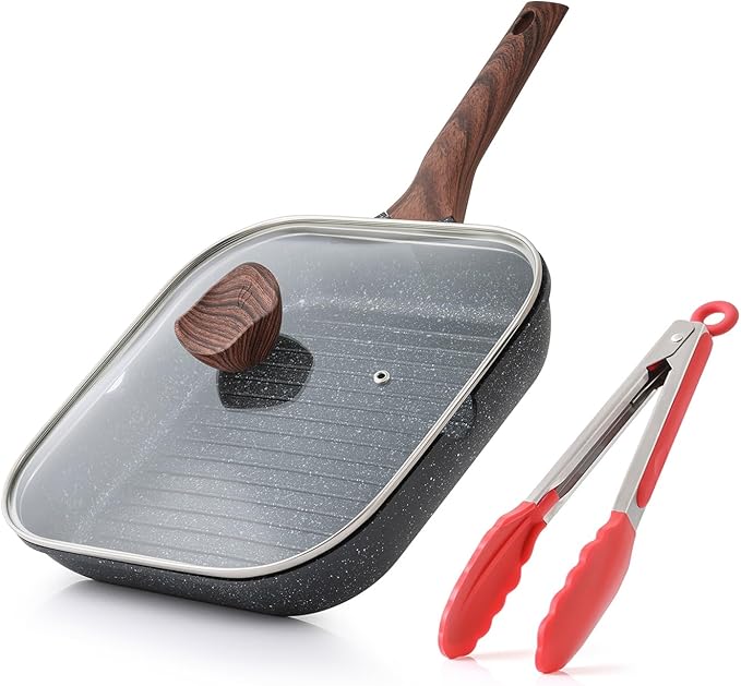 Kordisen Nonstick Grilling Pan with Lid for Stove Tops, 11 Inch Square Grill Pan for Indoor Cooking, Granite Coating Grill Skillet with Pour Spouts, Versatile Griddle, Induction Steak Pan, PFOA Free