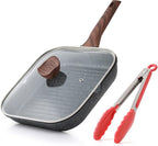Kordisen Nonstick Grilling Pan with Lid for Stove Tops, 11 Inch Square Grill Pan for Indoor Cooking, Granite Coating Grill Skillet with Pour Spouts, Versatile Griddle, Induction Steak Pan, PFOA Free