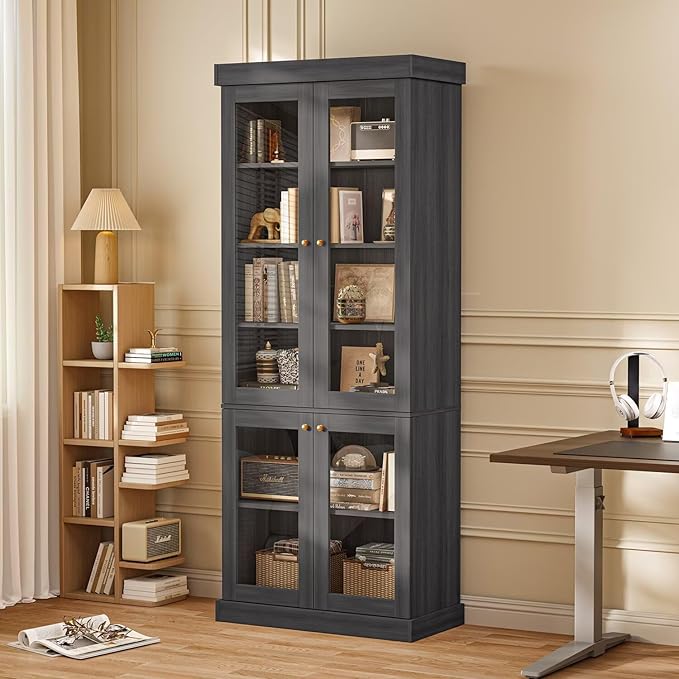 70.8" Tall Black Bookshelf with Glass Doors, Farmhouse Modular Bookcase with 6-Tier Adjustable Shelves, Large Storage Cabinet for Home Office, Living Room, Set of 3