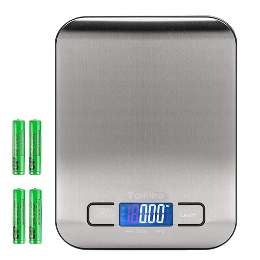 Digital Kitchen Food Scale 11 lb Grams and Ounces Small Stainless Steel Backlit Silver Batteries Included