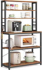VASAGLE Coffee Bar, 31.5 Inches Baker's Rack for Kitchen with Storage, 6-Tier Kitchen Shelves with 6 Hooks, Microwave Stand, Industrial, Rustic Brown and Black UKKS019B01