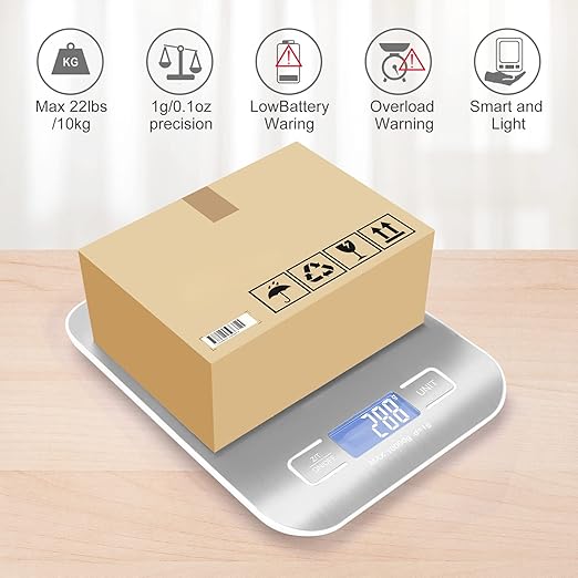 Digital Shipping Scale,Stainless Steel Panel, Accurate 10kg/1g Portable Postal Scale for Packages, Small Business,Kitchen, Food, Handmade, Liquids, and Boutique (Silver)