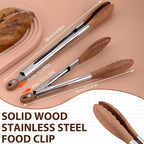 Wooden Tongs for Cooking & Serving Food, Stainless Steel Salad Tongs with Walnut Wood Tip, Anti-Slip Long Handle Wooden Kitchen Tongs Heat Resistant, Smooth Locking & Hanging Cooking Utensils Set of 2