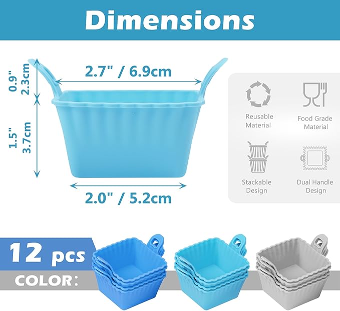 Koluti Reusable Silicone Baking Cups Set of 12, Nonstick Muffin Cupcakes Mold with Double Handle, BPA Free, Mini Square Air Fryer Cupcake Liners, 3 Colors