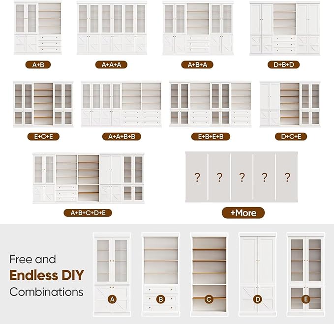 70.8" Tall Farmhouse Kitchen Pantry Cabinet with Glass Doors, Modular Wooden Storage Cabinet with 6-Tier Adjustable Shelves, Hutch for Kitchen or Living Room, White, Set of 2