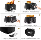 Toaster 4 Slice, Retro Stainless Toaster with 6 Bread Shade Settings,1.5''Wide Slots with Cancel/Defrost/Reheat Functions,Dual Independent Control Panel, Removal Crumb Tray (Black)