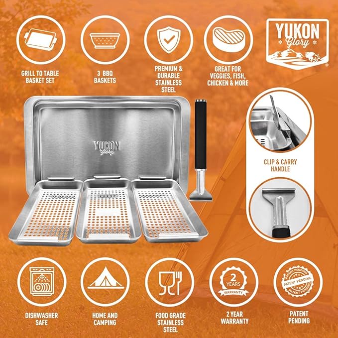 Yukon Glory Grill Basket Set, Stainless Steel BBQ 'N Serve 5-Piece with 3 Baskets, Removable Handle & Drip Tray for Vegetables, Fish, Shrimp
