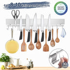 20 inch magnetic knife holder with 10 hooks, no drilling knife magnetic strip, and utensil hanger for wall. Powerful knife magnet rack includes tape and screw