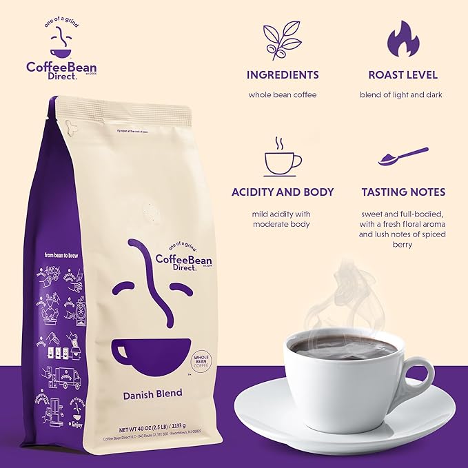 Coffee Bean Direct Danish Blend, Whole Bean Coffee, Mixed Roast Level, 2.5 Pound Bag (Pack of 1)