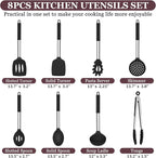 TeamFar Kitchen Utensils Set of 8, Silicone Utensils Kitchen Tools Set with Stainless Steel Handle, for Frying Serving Flipping Draining, Non-toxic & Heatproof, Nonstick & Dishwasher Safe - Black