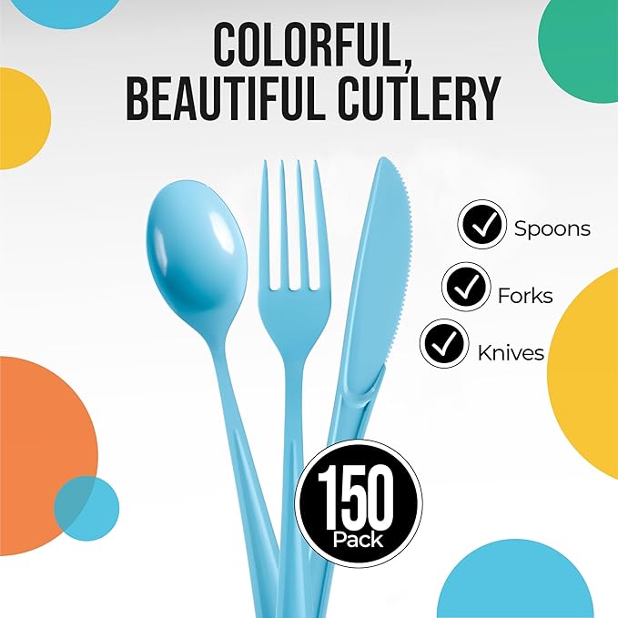 Party Solids Light Blue Plastic Silverware Heavy Duty 150 Pcs Light Blue Plastic Cutlery Sets, Utensil Sets, 50 Of Each Forks, Knives & Spoons Disposable Cutlery Set, Flatware Set For Party Supplies