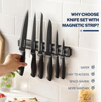 Kitchen Knife Set with No Drilling Magnetic Strip for Kitchen Black Titanium Small Cooking Knives, Sharp Stainless Steel Chef Knife Set for Cutting Meat & Vegetable