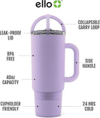 Ello Port 40oz Tumbler with Carry Loop & Integrated Handle, Vacuum Insulated Stainless Steel Reusable Water Bottle, Travel Mug with Leak Proof Lid & Straw, Perfect for Iced Coffee & Tea, Lilac