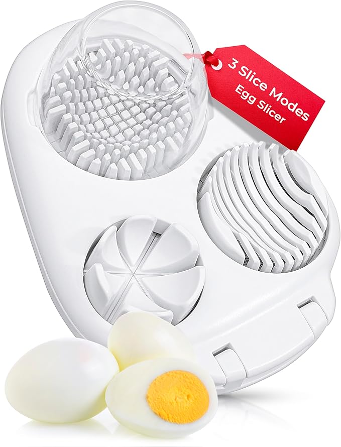CraftyCrocodile Egg Slicer for Hard Boiled Eggs - 3 Slice Modes Egg Cutter, Heavy Duty, Stainless Steel Dicer - Kitchen Chopper Tool for Strawberry, Mushroom, Grape, Cherry Tomato - White