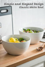 LAUCHUH Salad Serving Bowls, 5 Quarts Porcelain White Serving Bowl Extra Large Mixing Bowl with Spoon Set for Salad, Preparing, Pasta, Popcorn, Chips, Fruit, Vegetables, Thanksgiving, Christmas, 3 Pcs