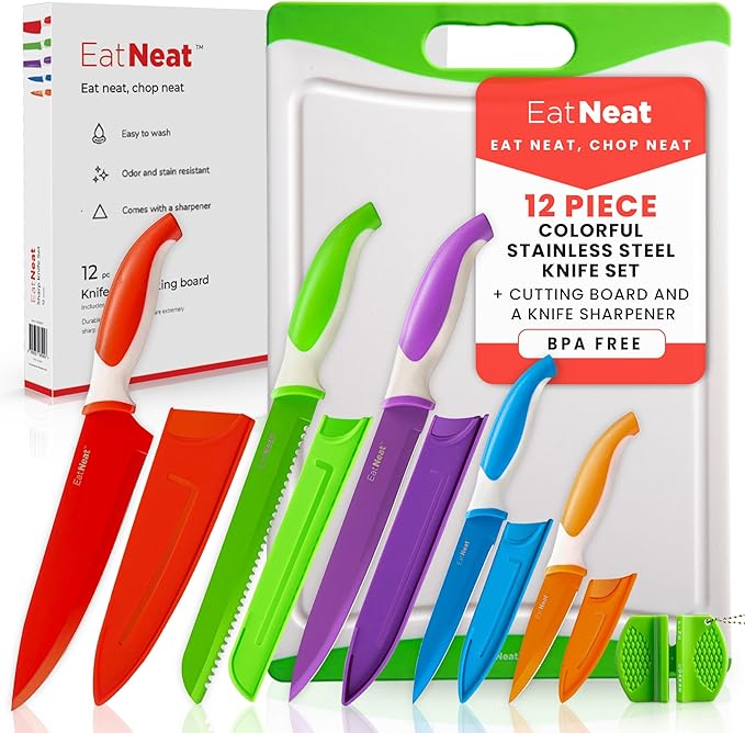 EatNeat 12-Piece Knife Set – Chef, Bread, Carving, Utility & Paring Knives with Sheaths, Sharpener & Cutting Board – Non-Stick Stainless Steel, Ergonomic, Dishwasher Safe – Ideal for Home, RV & Gift