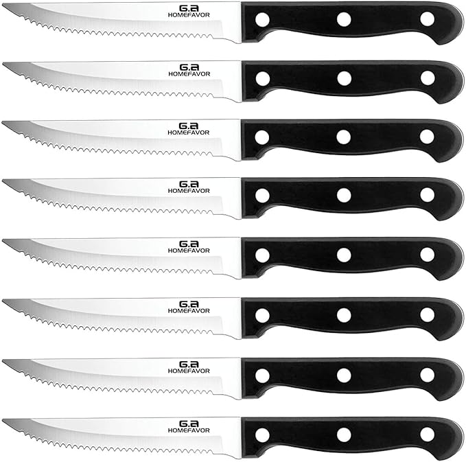 G.a HOMEFAVOR Steak Knife Set Stainless Steel, 8 Pieces Full Tang Sharp Serrated Knives Cutlery Set, Black