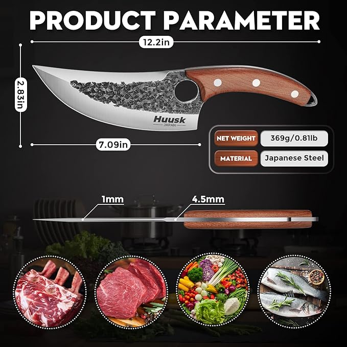 Huusk Chef Knives, Upgraded Viking Knife with Sheath Hand Forged Butcher Knife for Meat Cutting, Sharp Meat Cleaver for Kitchen and Outdoor, Thanksgiving Christmas Gifts