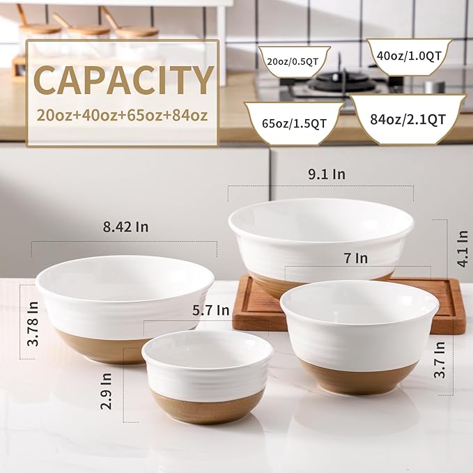 Mixing Bowls Set, Ceramic Serving Dishes Set of 4 for Cooking, Nesting, Prepping, Baking Bowls for Salads, Fruit, Cereal, Soup, 2.1/1.5/1.0/0.5 Qt, Dishwasher & Microwave Safe, White