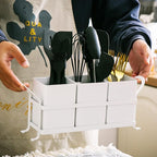White Metal Utensil Caddy, 3 Compartments, Portable Design, Perfect for Countertop, Outdoor, and Camping