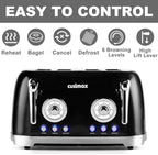 CUSIMAX Toaster 4 Slice, Retro Toaster with Wide Slots for Bagels, Stainless Steel toaster with 6 Toast Settings, Bagel, Cancel, Defrost & Reheat Functions, Dual Independent Control Panels, Black