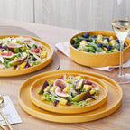 Stone Lain Cleo Modern Stoneware 32-Piece Dinnerware Set, Plates and Bowls Set, Pasta Bowls, Dish Set Service For 8, Yellow