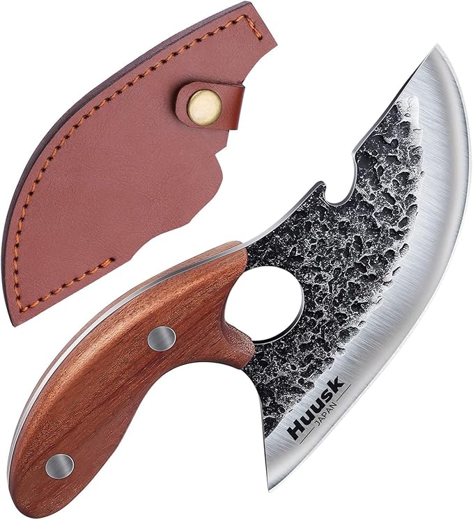 Huusk Knives, Viking Boning Knife for Meat Cutting, Small Ulu knives, Caveman Ultimo Knives Hand Forged Full Tang Knives for Kitchen or Camping Christmas Gift