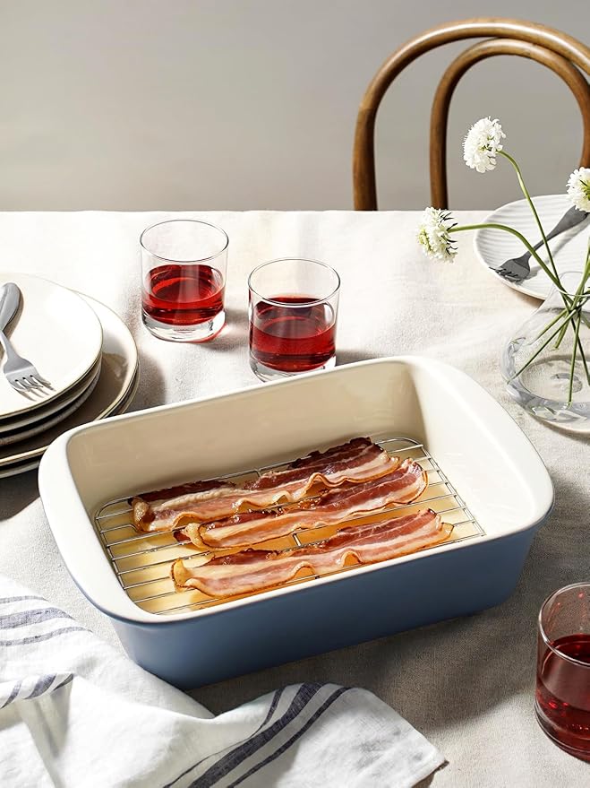 LE TAUCI Deep Casserole Dishes for Oven, 13.7”x9.6” Ceramic Baking Dish Set with Roasting Racks, Large Lasagna Pans with Handles, Rectangular Bakeware as Gift for Mom, Dusty Blue (4.6QT/3.0QT/1.6QT), Set of 3