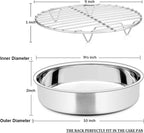 E-far Round Cake Pan with Rack Set, 9½-inch Stainless Steel Cake Pans and Baking Cooling Racks, Non Toxic & Healthy, Mirror Polished & Dishwasher Safe - 4 Pieces (2 Pans + 2 Racks)