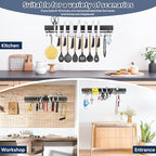 23 inch magnetic knife holder with 15 hooks, No Drilling black knife magnetic strip and utensil hanger for wall, Powerful knife magnet rack include tape and screws