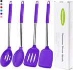 Silicone Spatula Spoon Set, 4 PCS Silicone Cooking Utensils Spatula Spoon Set with Stainless Steel Handle, BPA Free Kitchen Turners for Frying, Mixing, Serving, Draining, Turning, Stirring, Purple