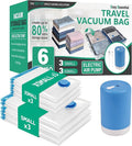 Cozy Essential Travel Vacuum Bags with Electric Pump, 6 Pack Vacuum Travel Bags for Luggage and Suitcase, Vacuum Seal Space Saver Compression for Clothes Clothing