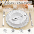 200 Pack Disposable Soup Bowls with Silver Rim, 12oz Premium Heavy Duty Plastic Dinner Bowls for Party, Wedding and Holiday
