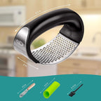 GD Garlic press rocker, crusher, mincer tool stainless steel with a Garlic Peeler, spatula, and Brush extract more Garlic Paste. The Garlic Mincer Tool Squeezes, Extracts, Crushes