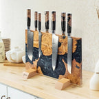 SENKEN "Black Tsunami" Extra Large Magnetic Knife Block - Holds Up to 16 Knives - Knife Block without Knives, Universal Knife Holder, Beautiful Dark Resin & Natural Wood Blend (Black Resin)
