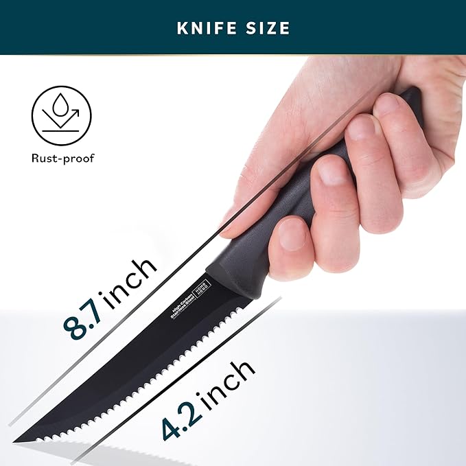 Home Hero Steak Knife Set - Effortless Cutting & Serrated Steak Knives - Rust-Resistant Stainless Steel Blades & Cutlery Set - Comfort-Grip Handles & Kitchen Knife Set - Pack of 4, Black