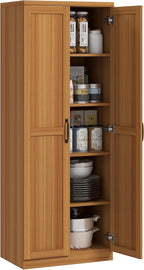HOMCOM 63" 2-Door Kitchen Pantry, Freestanding Storage Cabinet with 5-Tier Shelving and 2 Adjustable Shelves for Dining Room, Teak Wood Grain